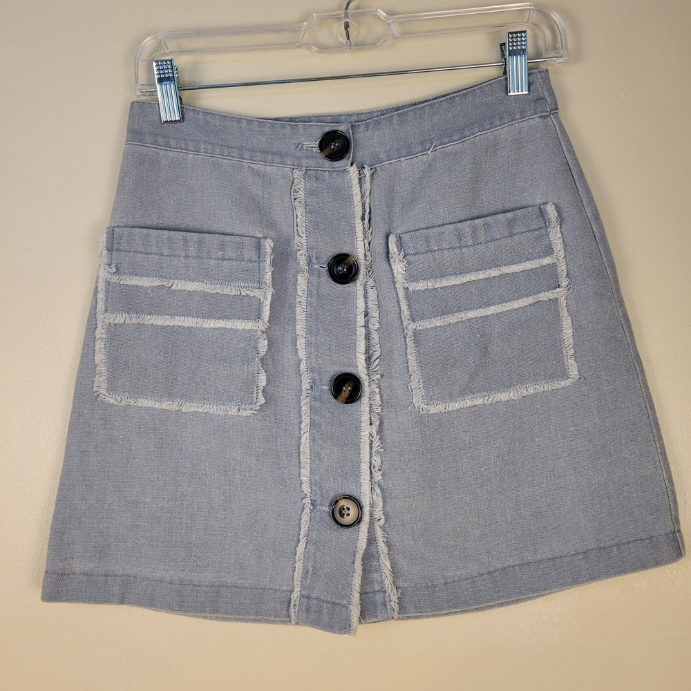 Magnolia South Light Blue Frayed Denim Button Front Mini Skirt Pockets